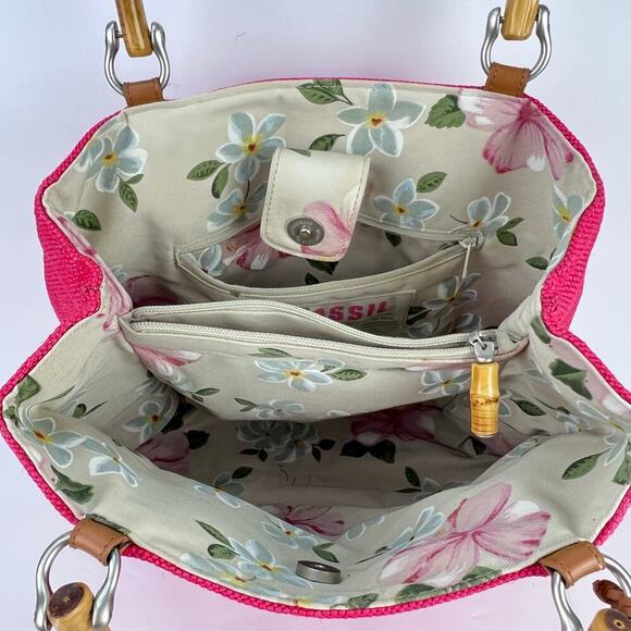 Fossil Bamboo Wooden Handle Woven Satchel Coral Salmon Pink Purse Hand Bag - Picture 7 of 11